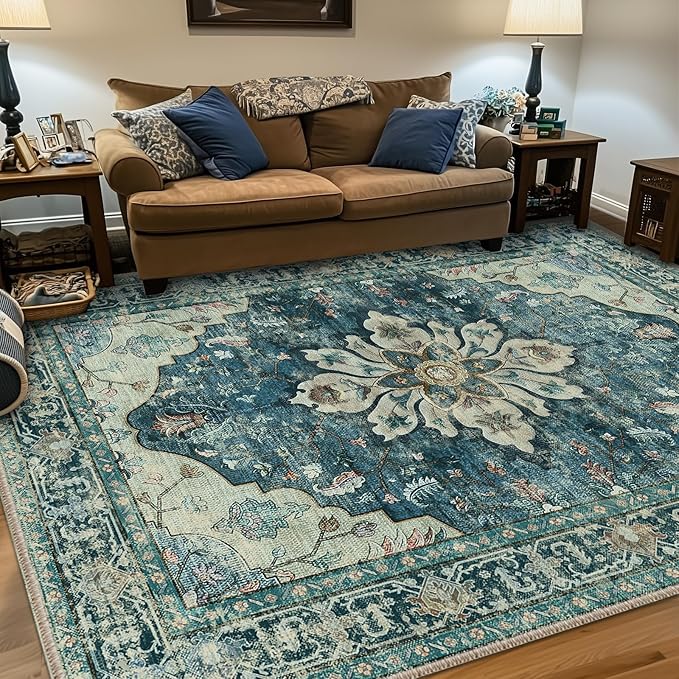 Area Rugs 5'x7' Washable Non-Slip, Floral Vintage Distress Print Pattern Medallion Carpet for Living Room Bedroom Dining Room, Dark Blue Vintage