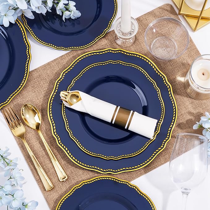 Hioasis 350pcs Blue and gold Plastic Plates - Blue Plastic Dinnerware Set Includes 50 Dinner Plates, 50 Dessert Dinnerware, 50 Cups, 50 Rolled Napkin Cutlery Perfect for Wedding & Christmas