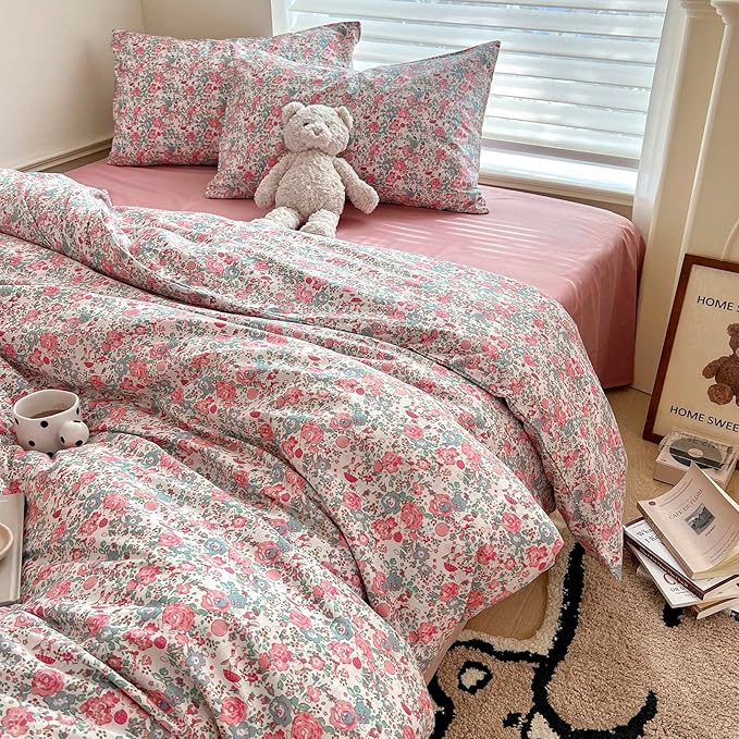 HighBuy Boho Comforter Twin XL Size Pink Floral Rabbit Bedding Comforter Sets 3 Piece French Country Style Cozy Fluffy Comforters for Teen Girls Kids,Cute Flower Bedding Collection for All Season