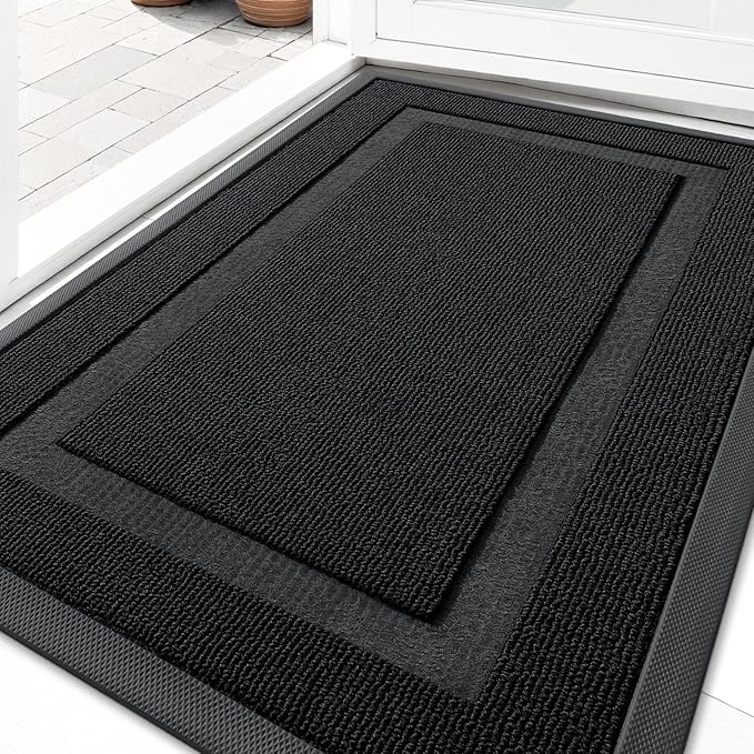 OLANLY Front Door Mat Indoor Outdoor Entrance, Waterproof All-Season, All-Weather Doormat, Sturdy Natural Rubber, Low Profile, Easy Clean Patio Porch Entryway Mat, 47x32, Jet Black