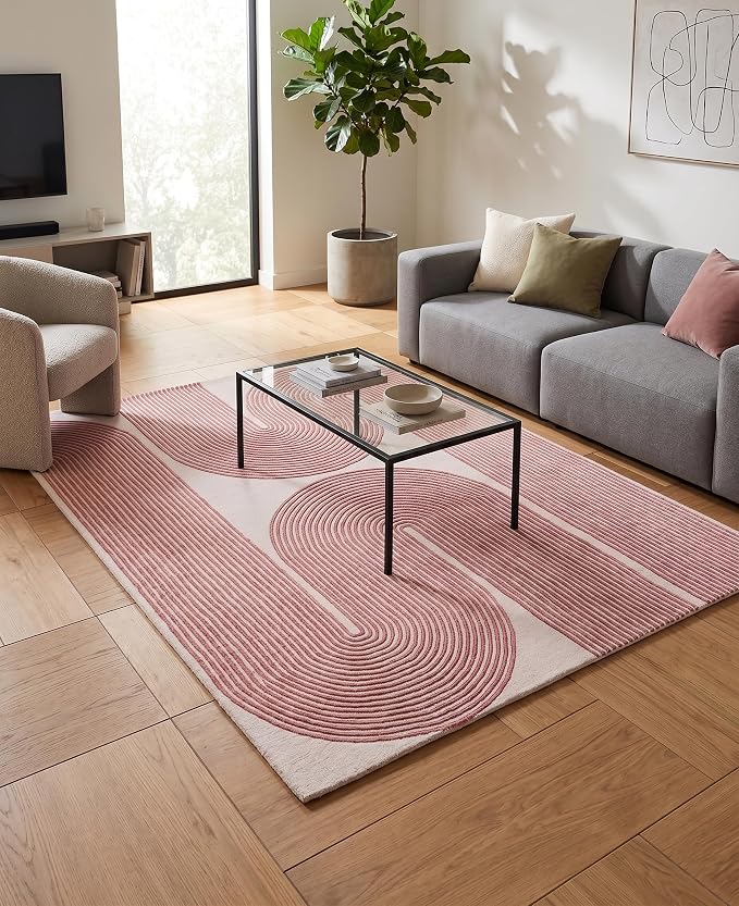 Modern Handmade Wool Area Rug, Abstract Curved Line Geometric Indoor Carpet for Living Room Bedroom, Contemporary Tufted Rug with Soft Pile and Cotton Backing (Dusty Rose, 8' x 10')
