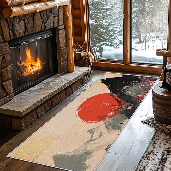 Japanese Runner Rug 4x8, Red Sun Cherry Blossom Mountain Landscape Design, Traditional Asian Art Area Rug, Washable Non-Slip Floor Carpet Runner for Bedroom, Dining Room, Living Room Aisle