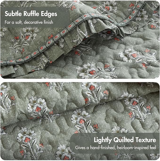 Madison Park Vintage Floral Quilt Set Queen Size, Reversible Bedding & Lightweight Bedspread Set, Traditional Block Print Coverlets with Ruffled Edge, 3-Piece with 2 Shams, Sage Green