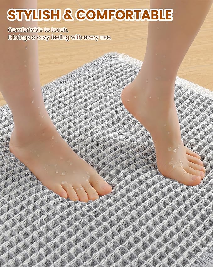 Smiry Waffle Bath Mat 60x24, Extra Soft Absorbent Bathroom Rugs, Non Slip Machine Washable Quick Dry Bath Rugs for Bathroom Floor, Tub, Shower, Home Decor Accessories, Lightgrey & Cream