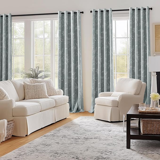 ChrisDowa Grey 100% Blackout Floral Curtains 108 Inches Long 2 Panels for Bedroom Living Room White Flower Patterned Room Darkening Thermal Insulated Soundproof Grommet Window Treatments Drapes,52X108