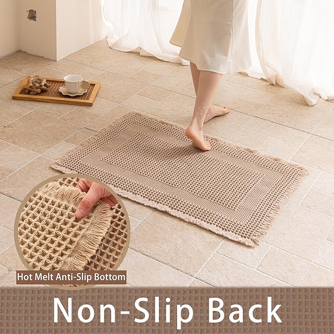 Waffle Bath Mat Non Slip, Boho Bathroom Rug, Super Absorbent Quick Dry Bathroom Mat, Soft Farmhouse Bath Rug with Tassels, Small Washable Shower Mats for Floor 20"x32", Square Brown