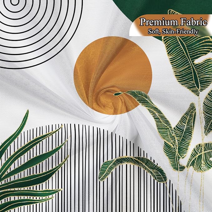 Mid Century Boho Shower Curtain, Abstract Modern Sun Minimalist Aesthetic Shower Curtain, Bohemian Geometric Arch Curve Leaves Neutral Art Fabric Bathroom Curtains Green 60x72 inch