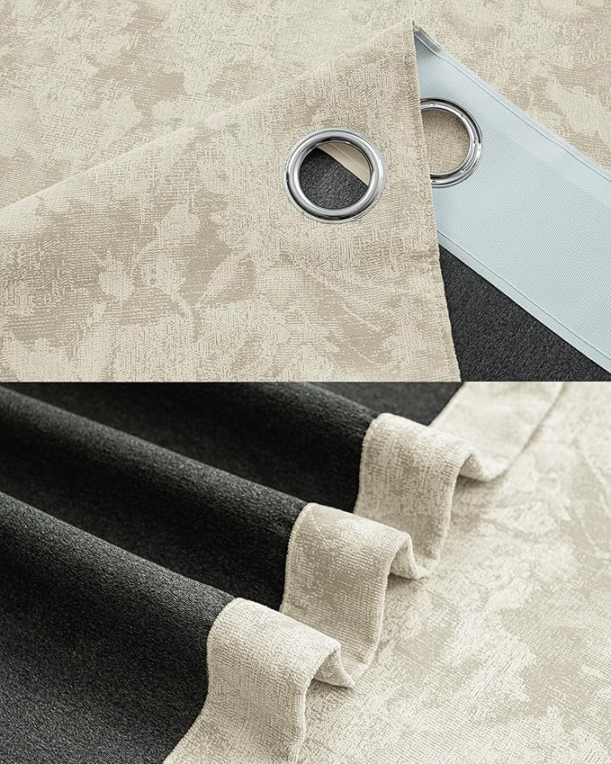Chenille Floral Blackout Curtains 90 Inch Length 2 Panels Set - Bedroom Living Room Darkening Thermal Insulated Black Out Window Treatments Grommet Jacquard Drapes 52 Inch Wide Beige