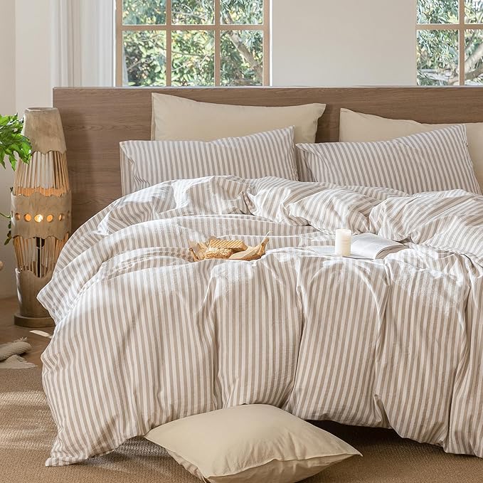 MooMee Striped Duvet Cover Set 100% Washed Cotton Linen Like Textured Breathable Durable Soft Comfy (Tannish Linen Grey White Classic Stripes, Queen 90"x90")