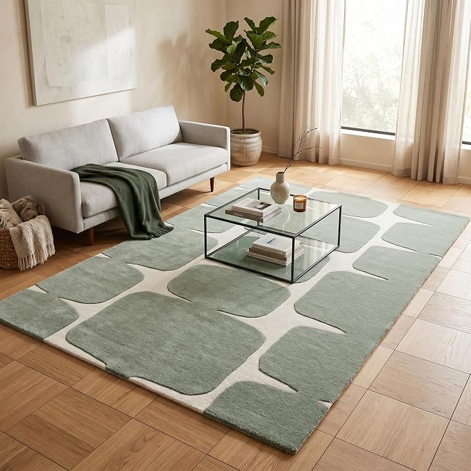 Restoration and Renovation Modern Wool Area Rug - Contemporary Abstract Geometric Design, Thick & Soft Hand-Tufted Carpet - Ideal for Indoor Decor in Living Room, Bedroom (Sage Green, 10' x 14')