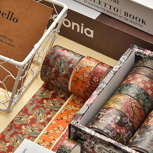 Songdao 12 Rolls Kyoto Charm Washi Tape Set Japanese Arts Adhesive Tapes Geometric Garden Decorative Masking Tape Sets for Craft, Kids, Scrapbook, DIY, Gift Wrapping (Crimson Fields)