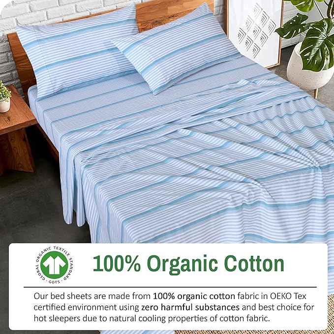 RUVANTI 100% Organic Cotton Sheets Queen Size, Percale Weave, GOTS Certified, 4-Piece Set, Deep Pocket 15", Crisp & Breathable, Soft Durable Bedding, Sábanas Algodón Orgánico – Nautical Stripes