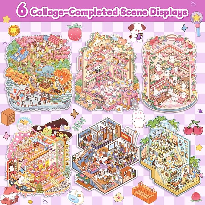 ASTARON 6 Sets DIY 3D Sticker Scene Book Sticker Therapy for Adults, Make Your Own Mini Cozy Shop House Room Stickers Cute Cartoon Miniature Stickers, Relief Stress Pass The Time