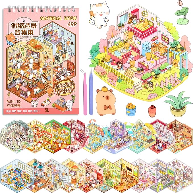 ASTARON 20 Sets DIY 3D Sticker Scene Book Sticker Therapy for Adults, Make Your Own Mini Cozy Shop House Room Stickers Cute Cartoon Miniature Stickers, Relief Stress Pass The Time