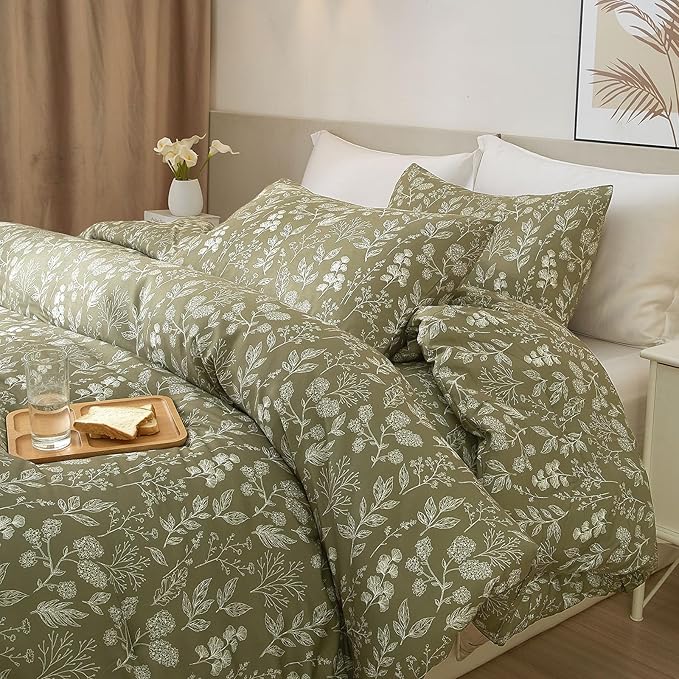 EAVD Girls Olive Green Floral Duvet Cover Twin Soft Cotton Chic Shabby Garden Floral Botanical Bedding Set with 2 Pillowcases Reversible Vintage Floral Botanical Duvet Cover with Zipper Closure