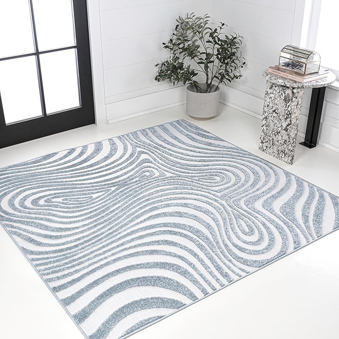 JONATHAN Y Maribo High-Low Abstract Striped Light Blue/Ivory 6x6 Square Indoor/Outdoor Area Rug, Pet Friendly, Non-Shedding, Stain Resistant, Easy-Cleaning for Backyard, Patio (SCN103C-6SQ)