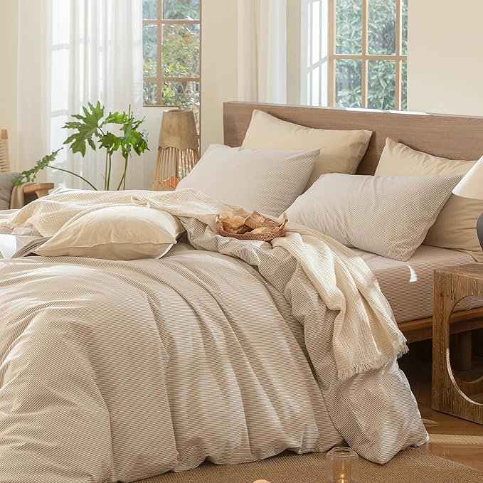 MooMee Striped Duvet Cover Set 100% Washed Cotton Linen Like Textured Breathable Durable Soft Comfy (Tannish Linen Grey White Pinstripes, Super Queen 90"x98")