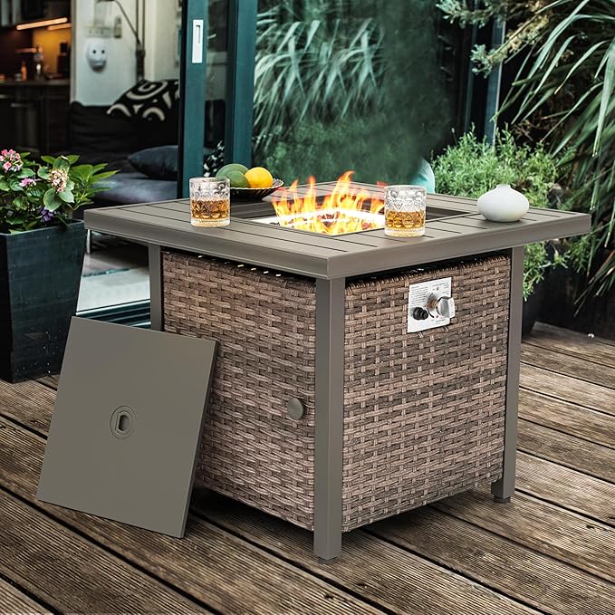 Nuu Garden Propane Fire Pit Table, CSA Certified 30 Inch 50,000 BTU Outdoor Propane Gas Cabinet Square Fire Pit Table, Iron Tabletop, Rattan and Iron Frame, with Lid and Fire Glass Beads, Black