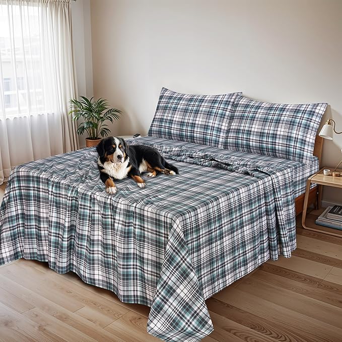 RUVANTI Flannel Sheets Full Size - 100% Cotton Double Brushed Bed Sheets Set, Deep Pockets 16 Inches, All Seasons Breathable & Extra Soft Full Sheets, Warm & Cozy, 4 Piece, Mint Grey