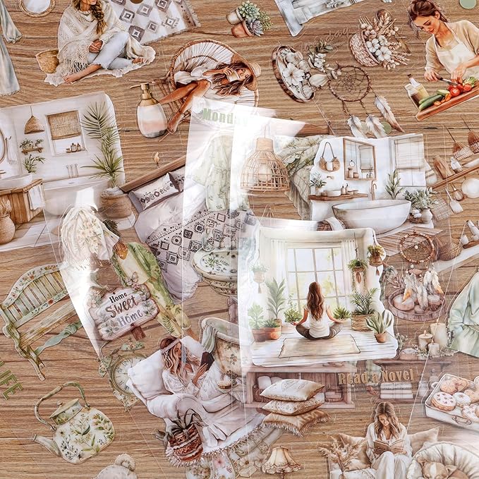Auguro Scrapbooking Sticker 20 Sheets 120 Pre-Cut PET Daily Life at Home Girls People Stickers Books for journaling Scrapbook Supplies Transparent Stickers for journaling