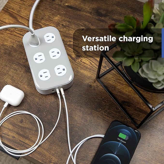 GE 12-Outlet Surge Protector with 6ft Braided Cord, Power Strip, Extension Cord, Flat Plug, 2 USB-A & 1 USB-C Port, 2100 Joules, for Home School & Office, Charging Station, White, 84214