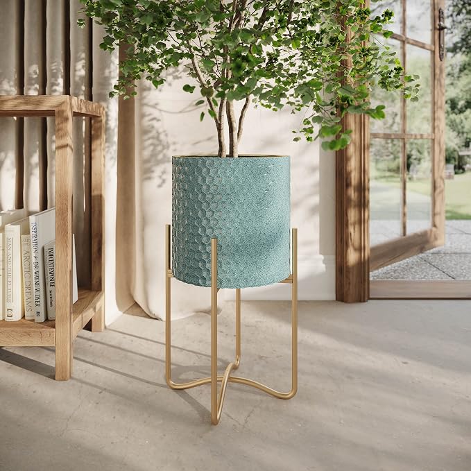 EverNest Mid-Century Modern Rhys Honeycomb Embossed Planter Pot with Ambrose Stand, Metal Indoor Plant Pots, Blue Green Bohemian Style (Small 1 Gallon)