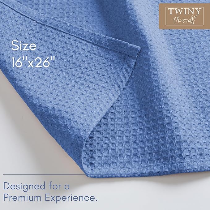 TWINY threads Set of 12 100% Cotton Solid Kitchen Towels with Hanging Loop (16 X 26 inches) | Ultra Absorbent Dobby Waffle Weave Washcloth | Reusable, Machine Washable Hand Towels - Sky Blue