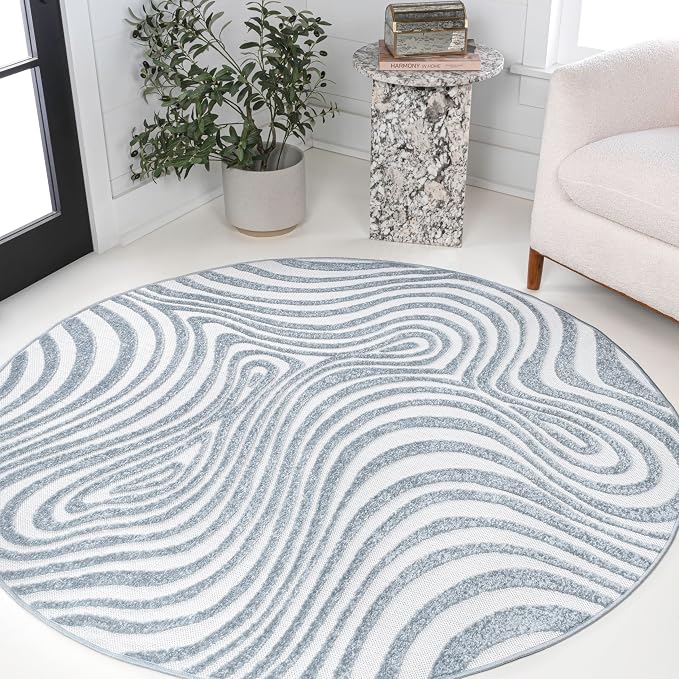 JONATHAN Y Maribo High-Low Abstract Striped Light Blue/Ivory 9' Round Indoor/Outdoor Area Rug, Pet Friendly, Non-Shedding, Stain Resistant, Easy-Cleaning for Backyard, Patio, Porch (SCN103C-9R)
