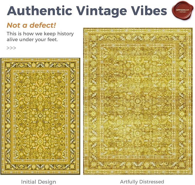OPPODREAM Vintage Yellow Round Rug 8ft, 8 ft Retro Washable Circle Rug Non Slip, Low-Pile Faux Wool Circular Carpet, Distressed Floor Mat for Living Room, Bedroom, Office, Dorm, Dinning Room