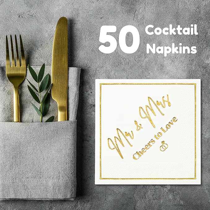 Mr and Mrs Wedding Napkins, Elegant Gold Foil White Paper Cocktail Napkin, Disposable Decorations for Weddings, Receptions, Bridal Showers, Bar, 50 Pack