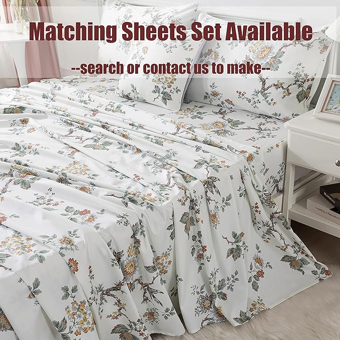 FADFAY Duvet Cover Set Queen Elegant Floral Bedding Shabby Beige Bird Print Flower Quilt Cover Set Vintage Farmhouse Bedding 100% Cotton Soft Comforter Cover Set with Zipper Closure 3Pcs, Queen Size