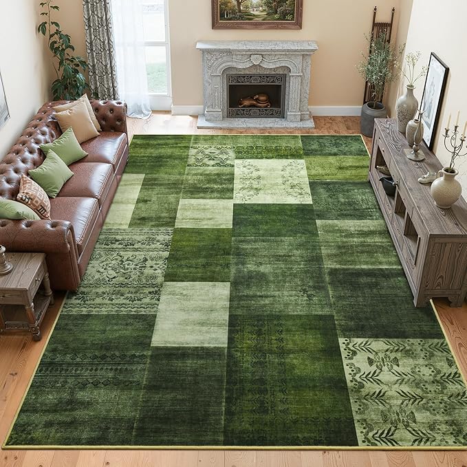 Tepook 5x7 Green Area Rugs for Living Room, Modern Large Geometric Rug for Bedroom, Washable Patchwork Rug Indoor Non Slip Throw Carpets for Dining Room Office Farmhouse Home Decor