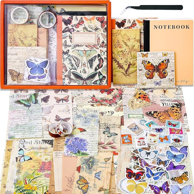 emmoolife Vintage Aesthetic Scrapbooking Supplies Kit, Butterfly Junk Journal Scrapbook Kit with Journaling Supplies, A6 Grid Notebook, Stationery, Birthday Craft Gift Set for Teen Girl Women