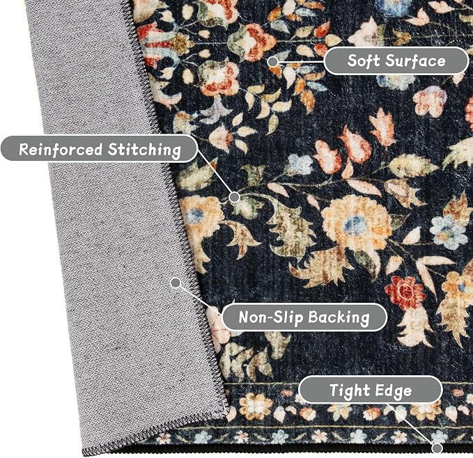 MUJOO Washable Runner Rug for Kitchen Hallways,2x8 Runner Rug Non Slip,Floral Carpet Runner for Bathroom Bedroom Laundry Floor,Long Mat Boho Indoor Vintage Low Pile Black