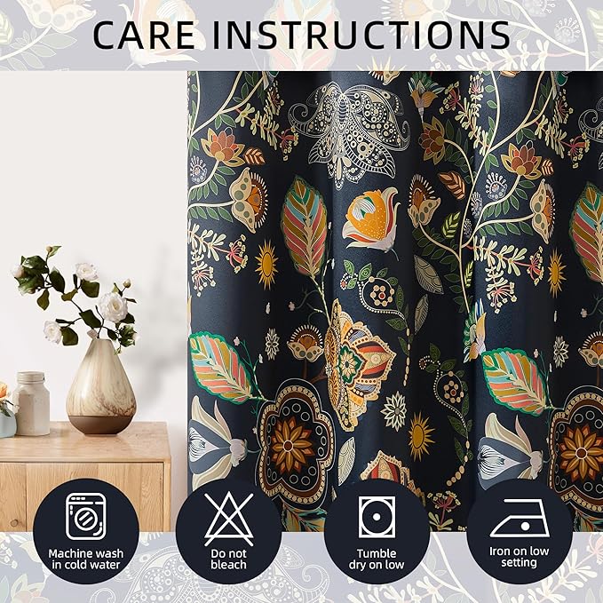 XiDi Navy Blue Vintage Floral Patterned Blackout Curtains 84 Inches Long for Bedroom Living Room 2 Panels Thermal Insulated Luxury Modern Curtains Dark Botanical Leaf Printed Design Grommet Drapes