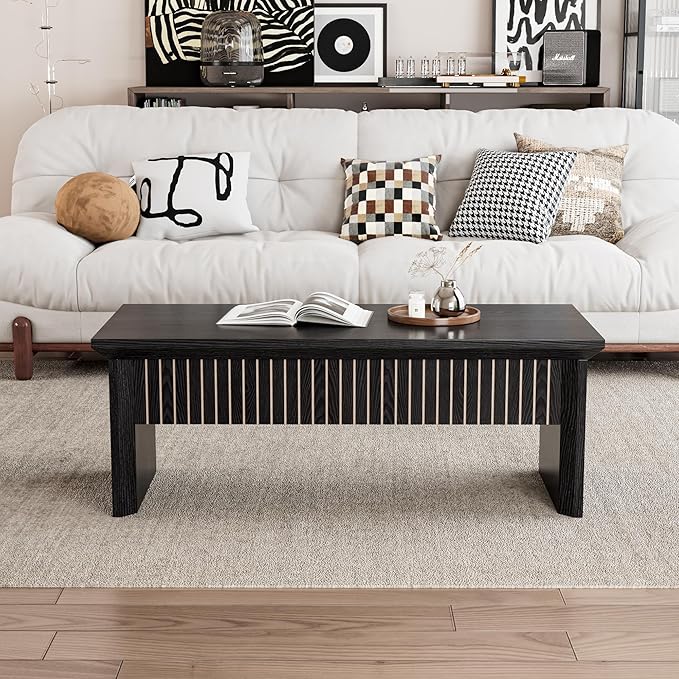 Lift Top Coffee Table with Storage, Mid Century Modern Coffee Table with Hidden Compartment, Fluted Wood Rectangle Center Table for Living Room, Home Office, Walnut (Black, 42.5''W)