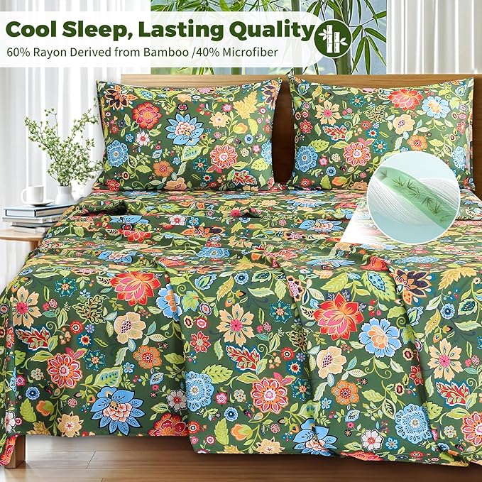 Bedlifes King Floral 4-Piece Sheet Set - Cooling Sheets Blend Rayon Derived from Bamboo,Soft & Breathable, Deep Pocket 16", Wrinkle Resistant - Vibrant Boho Floral Dark Green