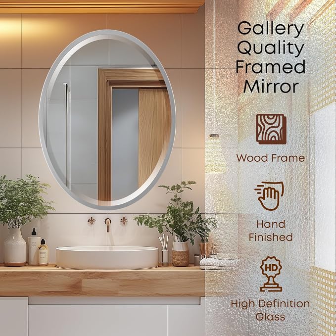 OVALCREST - Oval Wooden Beveled Wall Mirror for Home Decor, Bathroom, Vanity, Bedroom, Living Room, Hallway - London Style (Silver Spray) 37.1 x 25.1