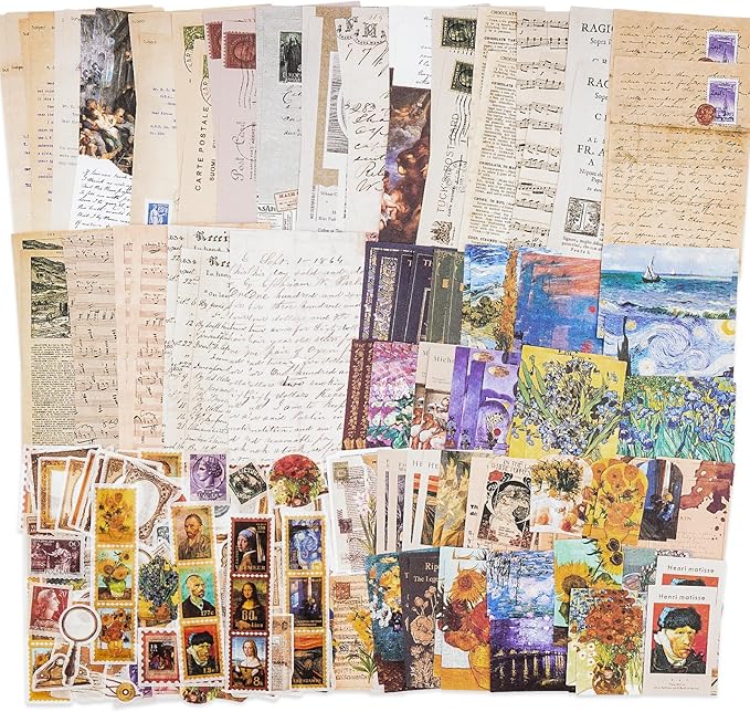 Knaid Vintage Scrapbook Supplies Pack (200 Pieces) for Junk Journal Bullet Journals Planners Aesthetic Paper Stickers Craft Kits Cottagecore Collage Album (Artistic)