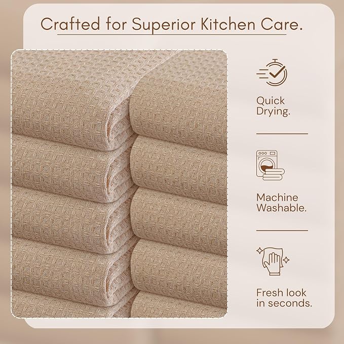 TWINY threads Kitchen Towels Set of 12, 16x26 Inches, 100% Cotton Waffle Weave Dish Towels, Soft, Absorbent Tea Towels with Hanging Loop, Washable Reusable Cloths for Cleaning, Beige