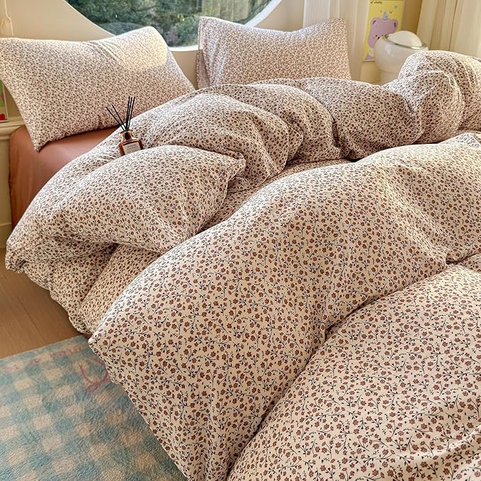 LifeTB Muslin Cotton Duvet Cover Set Twin XL Vintage Floral Duvet Cover Ultra Soft Breathable Comforter Cover Chic Flower Bedding Set Linen Feel Textured Gauze Comforter Cover with Zipper Closure