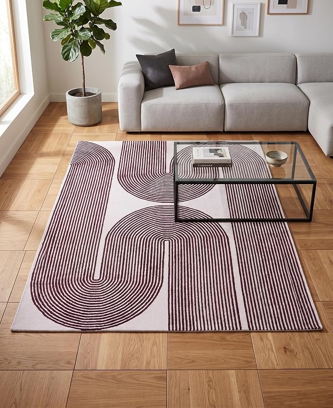Modern Handmade Wool Area Rug, Abstract Curved Line Geometric Indoor Carpet for Living Room Bedroom, Contemporary Tufted Rug with Soft Pile and Cotton Backing (Deep Plum, 4' x 6')