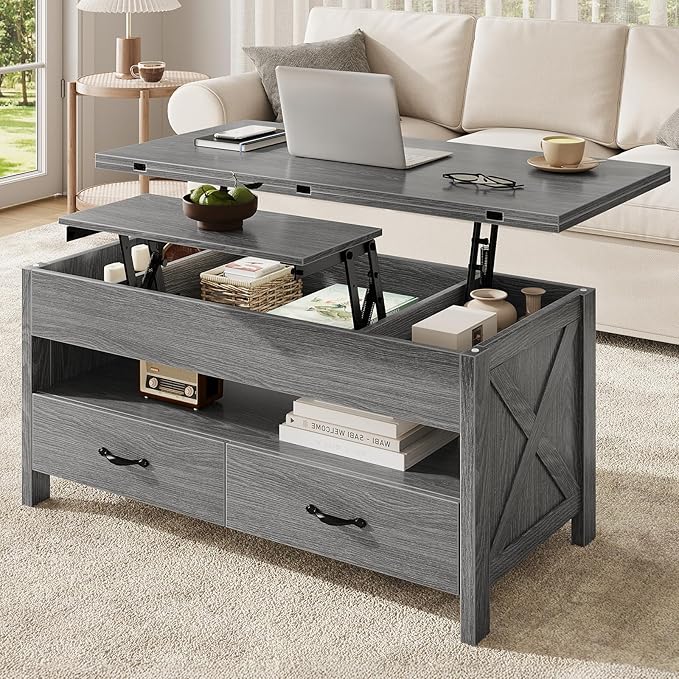 Marsail 40" Lift Top Coffee Table, 4 in 1 Coffee Table with Hidden Compartment, 1 Open Shelf and 2 Drawers, Multifunctional Farmhouse Center Table for Living Room and Home Office, Gray