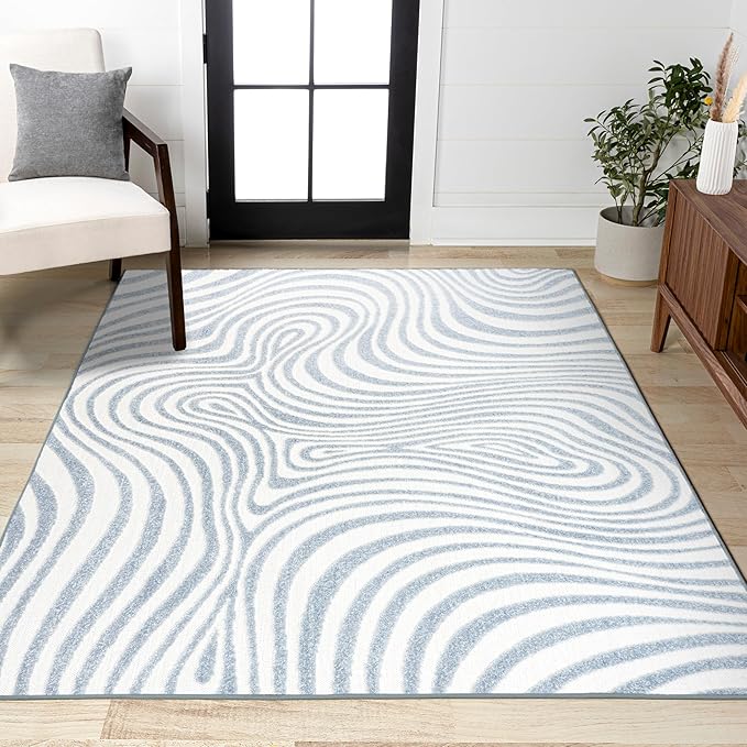 JONATHAN Y Maribo High-Low Abstract Striped Indoor/Outdoor Area Rug, Contemporary, Vintage, Bohemian, Glam, Bedroom, Kitchen, Living Room, Non Shedding, Light Blue/Ivory, 8x10 (SCN103C-8)