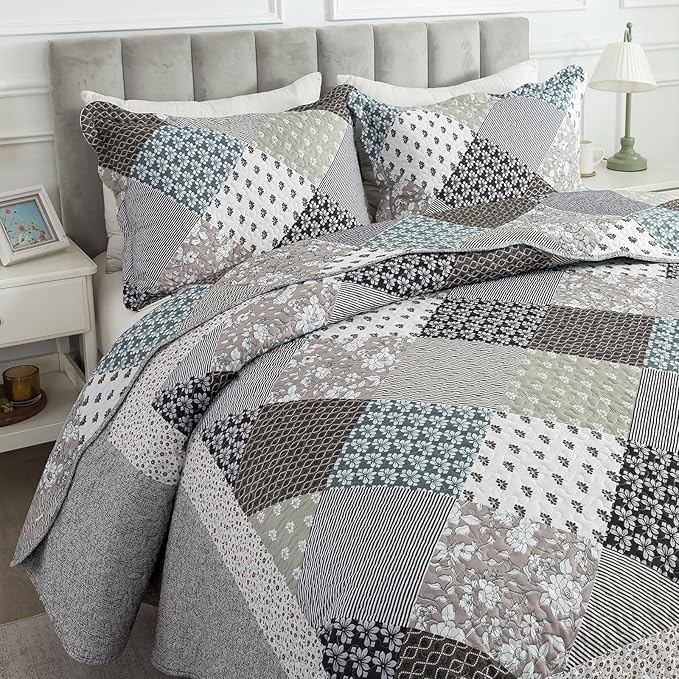 Travan 3-Piece Quilt Set Quilted Bedspread Garden Style Floral Printed Oversized Microfiber Lightweight Coverlet Set with Shams, Exquisite, King Size