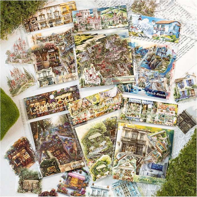 Dwpetzo 6 Pack 180Pcs Nature Scenery Tree House Cottage Castle Manor Scene Stickers for Journaling, Transparent PET Stickers for Scrapbooking, Junk Journal Supplies, Bujo, Collage