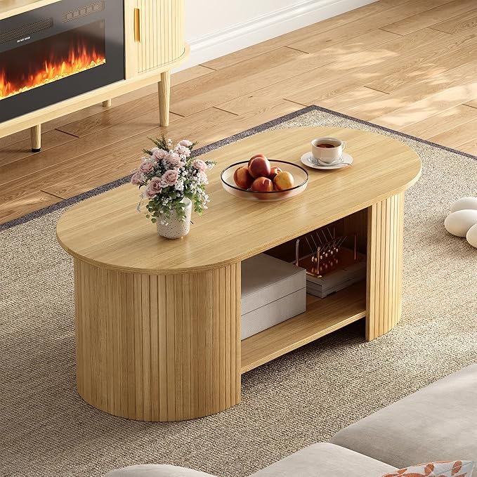 OneBlis Oval Fluted Coffee Table, 2-Tier Center Table with Large Storage, Mid-Century Modern Wood Coffees Table for Living Room, Home Office, Small Space, Oak