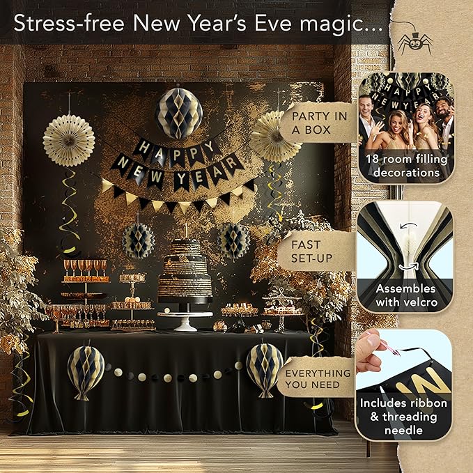 Premium Reusable New Years Decorations 2026 - Multi-occasion Happy New Year Banner also spells Happy Birthday, Fast Assembly with Velcro - NY Eve 2026 Party Supplies / Black and Gold Party Decorations