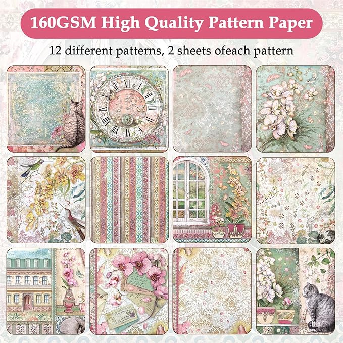 Scrapbook Paper,24 Sheets 6"x 6" Decorative Papers,Single-Sided Vivid Origami Decoupage Paper for Card Making,DIY Album, Hand Account & Travel Diary Craft Projects,Orchids and Cat