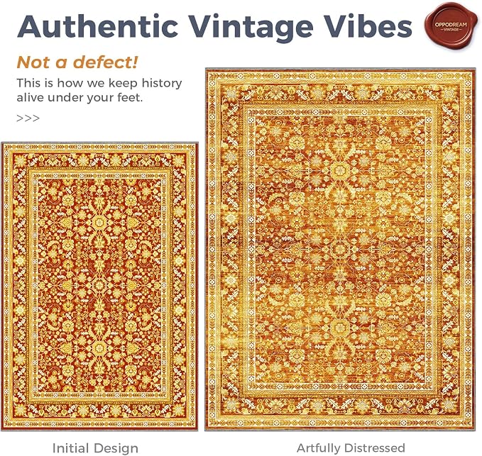 OPPODREAM Vintage Orange 2x6 Runner Rug, 2 x 6 Retro Washable Rug Non Slip, Low-Pile Faux Wool Carpet, Distressed Floor Mat for Kitchen, Hallway, Entry-Way, Entrance, Indoor Back Door
